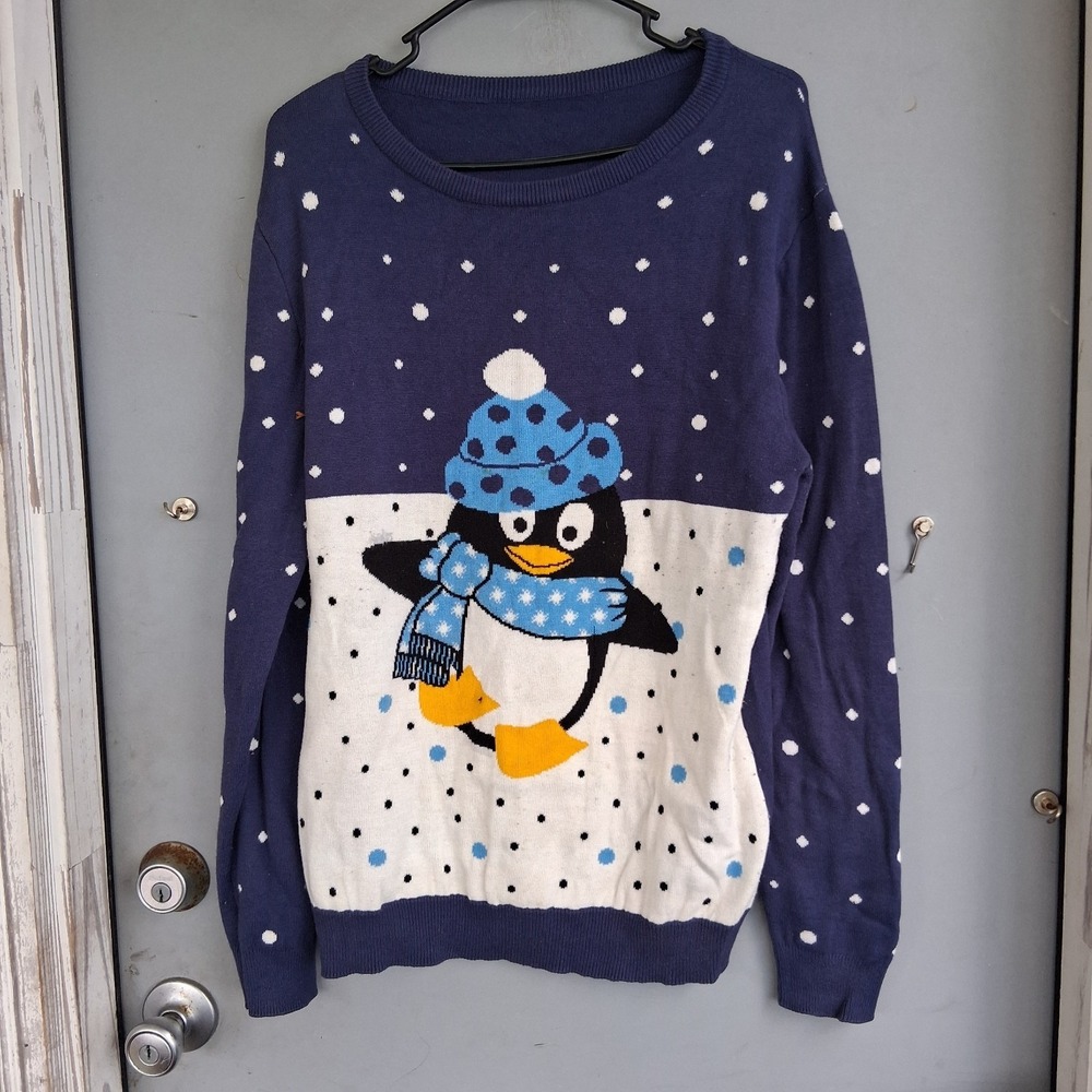 Vintage Christmas Winter Sweater Cute Penguin L EUC